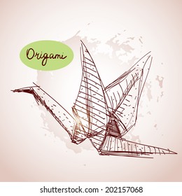 Origami paper cranes sketch. line on beige background.Grunge texture. Vector