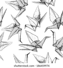 Origami paper cranes sketch seamless pattern. The black line on white background. Vector