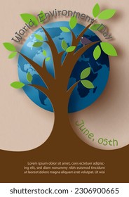 Origami and paper cut in tree shape with giant global and wording of world environment day on light brown background. Poster campaign of world environment day in paper cut style and vector design. 