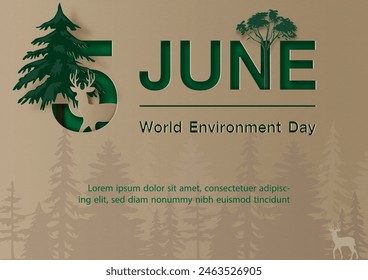 Origami and paper cut wild concept with wording of world environment day on brown recycle paper pattern background. Poster campaign of world environment day in paper cut style and vector design.