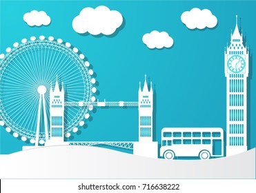 origami paper cutting style london tourist attraction place background vector illustrations