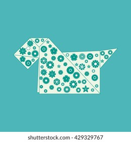 Origami paper dog with flowers on a white background