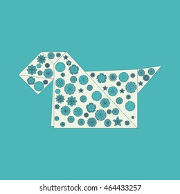 Origami paper dog with flowers on a white background