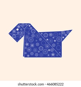 Origami paper dog with flowers on a white background