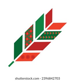 Origami paper feather with Norwegian national holiday pattern in red and green colors. Paper feather in handmade knitted ornate style. Simple flat vector isolated on white background