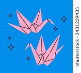 Origami paper fold cranes in modern cartoon style. Trendy Hand drawn Vector illustration. Isolated design element. Symbol of peace, hope, dream.