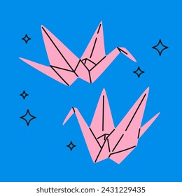 Origami paper fold cranes in modern cartoon style. Trendy Hand drawn Vector illustration. Isolated design element. Symbol of peace, hope, dream.