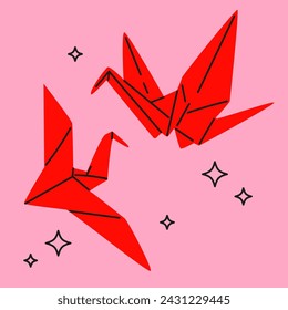 Origami paper fold cranes in modern cartoon style. Trendy Hand drawn Vector illustration. Isolated design element. Symbol of peace, hope, dream.