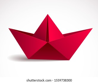 Origami paper folded toy ship, 3d realistic vector illustration.