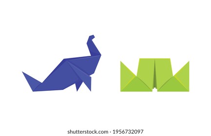 Origami or Paper Folding with Sculpture and Figures Made of Flat Square Sheet of Paper Vector Set