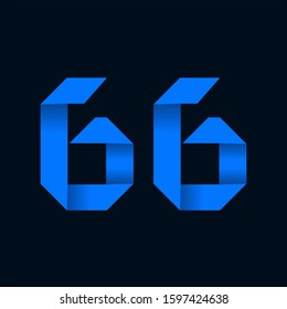 Origami paper font Number Sixty-six, 66. 3d rendering isolated on black background. For party poster, greeting card, banner or invitation. Cute numerical icons and signs.