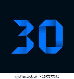 Origami paper font Number Thirty, 30. 3d rendering isolated on black background. For party poster, greeting card, banner or invitation. Cute numerical icons and signs.