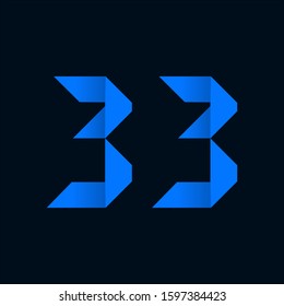 Origami paper font Number Thirty-three, 33. 3d rendering isolated on black background. For party poster, greeting card, banner or invitation. Cute numerical icons and signs.