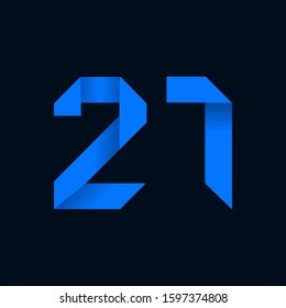 Origami paper font Number Twenty-seven, 1. 3d rendering isolated on black background. For party poster, greeting card, banner or invitation. Cute numerical icons and signs.