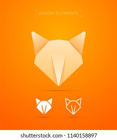Origami paper fox. Logo design elements. Material design, flat and line art style