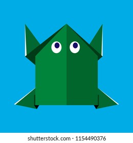 origami paper green frog on blue background