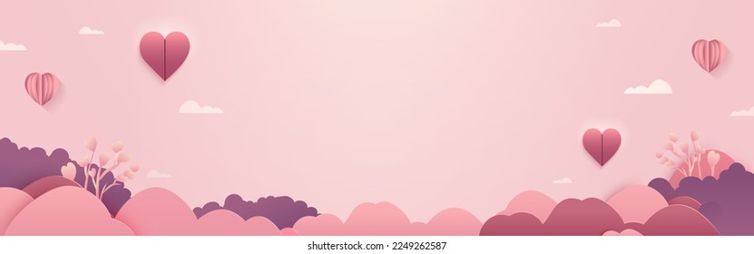 Origami Paper Heart Shapes With Clouds, Love Plants Y Copy Space On Pastel Pink Background. Feliz Día de San Valentín.