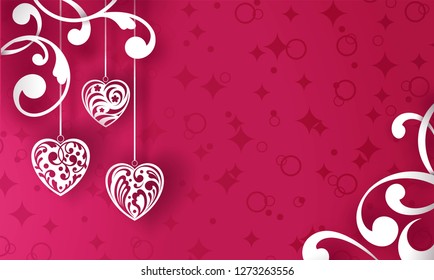 Origami paper hearts on red background.  Openwork white hearts cut from paper.  Valentine's day concept, Mother's Day, Wedding. Invitation template, congratulations. Vector illustration