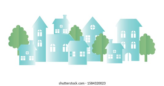 origami paper houses neighborhood town trees gradient vector illustration