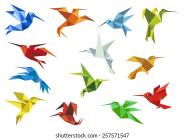 Origami paper hummingbirds design elements with flying colorful abstract colibry for logo or emblem