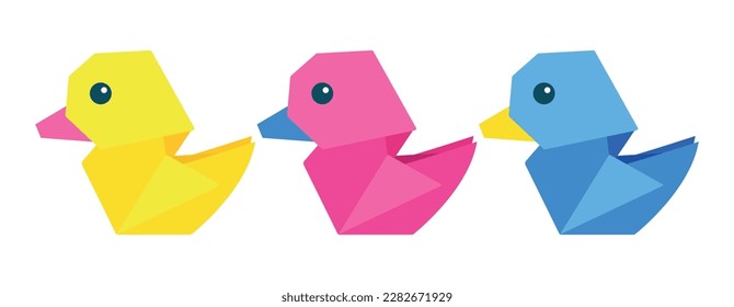 Origami paper Multi-colored ducklings floating on a white background