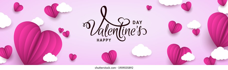 Origami paper pink hearts over clouds, beautiful concept of Valentines Day, flyer, poster - stock vector