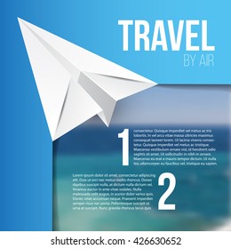 Origami paper plane against the blurred photo with sea landscape. You can paste any photo and add animation for web banner. Travel by air.