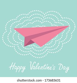 Origami paper plane and big cloud in the sky. Happy Valentines day . Vector illustration.