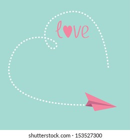 Origami paper plane. Big dash heart in the sky. Love card. Vector illustration.