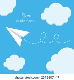 Origami paper plane in the blue sky with clouds. Hand drawn vector illustration in flat style. Concept of delivery, travel, vacation, tourism. Fly me to the moon, greeting card design