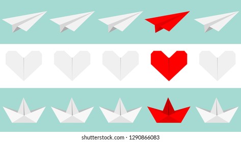 Origami paper plane, boat ship, heart icon set. Gray and red color. Handmade toy line. Flat design. Blue white background. Isolated. Vector illustration