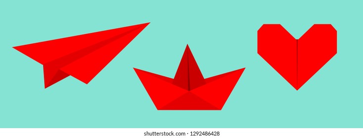 Origami paper plane, boat ship, heart icon set. Red color. Handmade toy line. Flat design. Cute love symbol. Blue background. Isolated. Vector illustration