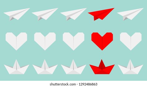 Origami paper plane, boat ship, heart icon set. White and red color. Handmade toy line. Flat design. Blue background. Isolated. Vector illustration