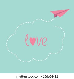 Origami paper plane. Dash cloud in the sky. Love card. Vector illustration.