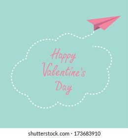 Origami paper plane. Dash cloud in the sky. Happy Valentines day card. Vector illustration.