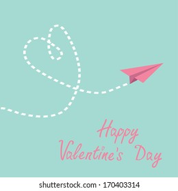 Origami paper plane. Dash heart in the sky. Happy Valentines Day card.  Vector illustration.
