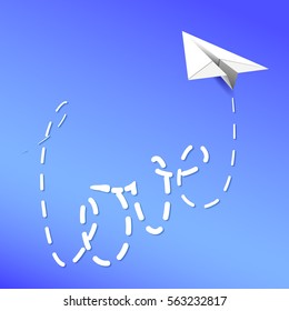 Origami paper plane. Dash heart in the sky. Love card. Vector illustration.