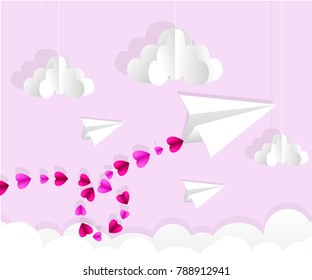 Origami paper plane. Dash line in the sky. Love card. Vector illustration