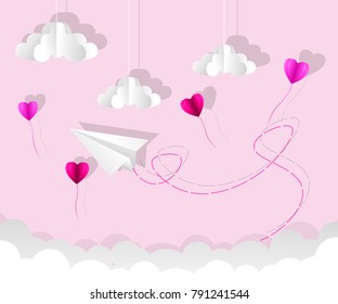Origami paper plane. Dash line in the sky. Love card. Vector illustration