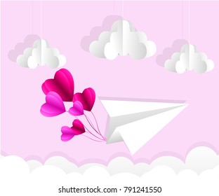 Origami paper plane. Dash line in the sky. Love card. Vector illustration