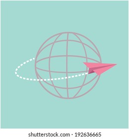Origami paper plane flying around the world globe. Flat design. Vector illustration.