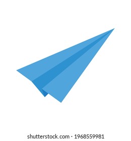 Origami paper plane icon. Blue handmade airplane isolated on white background. Symbol of communication, travel, imagination, dreaming. Vector flat illustration.