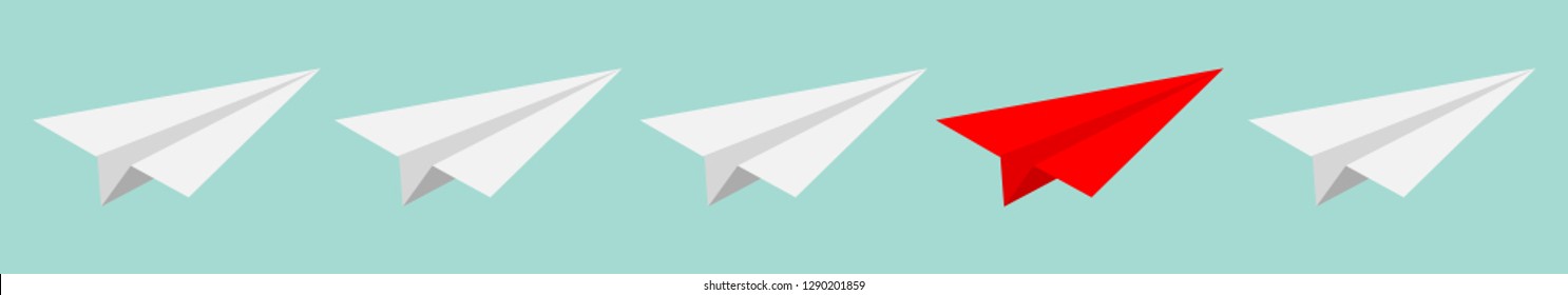 Origami paper plane icon set. White and red color. Handmade toy line. Flat design. Blue background. Isolated. Vector illustration