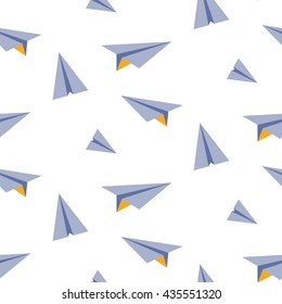 Origami paper plane seamless vector pattern. Blue and yellow planes on white background. Minimalist style textile fabric ornament.