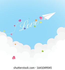 Origami paper plane send little paper hearts while flying dash love alphabet on the sky and above the cloud, Valentine's day card. Vector illustration