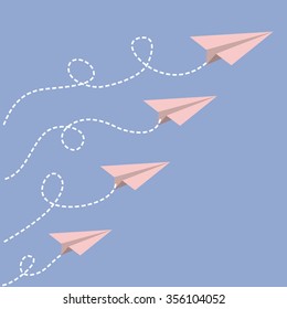 Origami paper plane set. Dash line loop in the sky. Love card. Flat design. Serenity, pink rose quartz color. Vector illustration