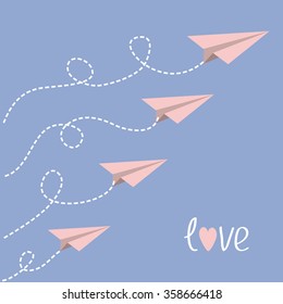 Origami paper plane set . Dash line loop in the sky. Word Love. Greeting card. Flat design. Serenity, pink rose quartz color. Vector illustration