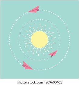 Origami Paper Plane And Sun. Dash Line Circle. Flat Design. Vector Illustration