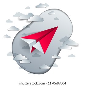 Origami paper plane toy flying in the sky with beautiful clouds, perfect vector illustration of scenic cloudscape with toy jet take off, airlines air travel theme. 
