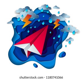 Origami paper plane toy flying in thunderstorm with lightning, dramatic vector illustration of stormy rainy weather over ocean with toy airplane struggles to survive.